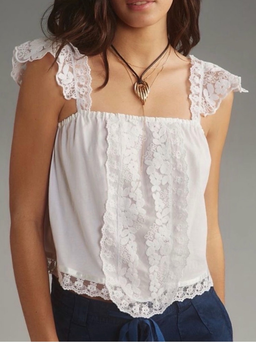 NWT Anthropologie White Lace-Trim Square Neck Women's Top